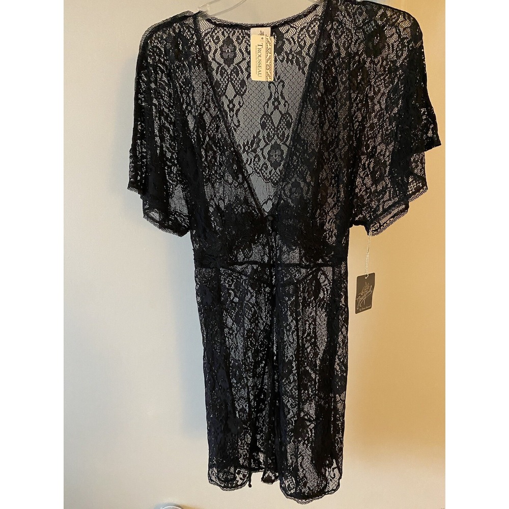 NWT Jonquil by‎ Diane Samandi Black Lace Short Sleeve Robe Large